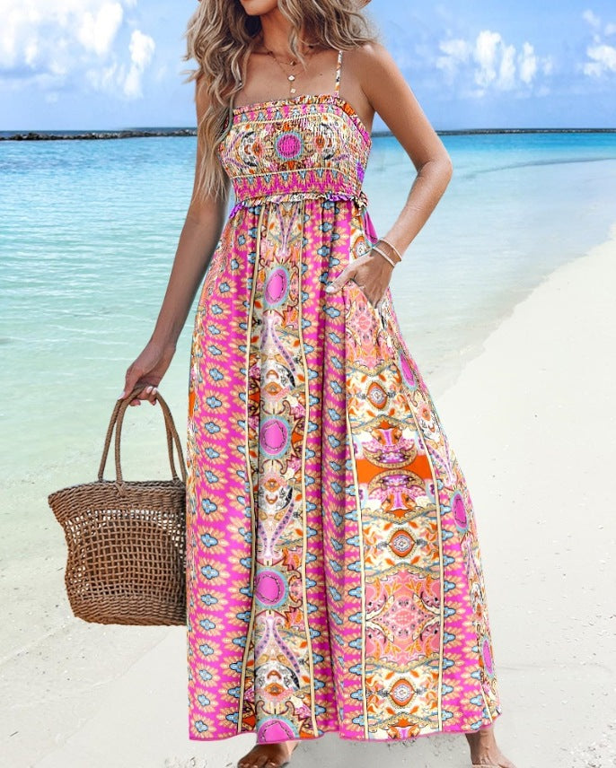 Women's Midi Dress – Strapless – Smock Top – Flowy Skirt with Split – Print Pattern
