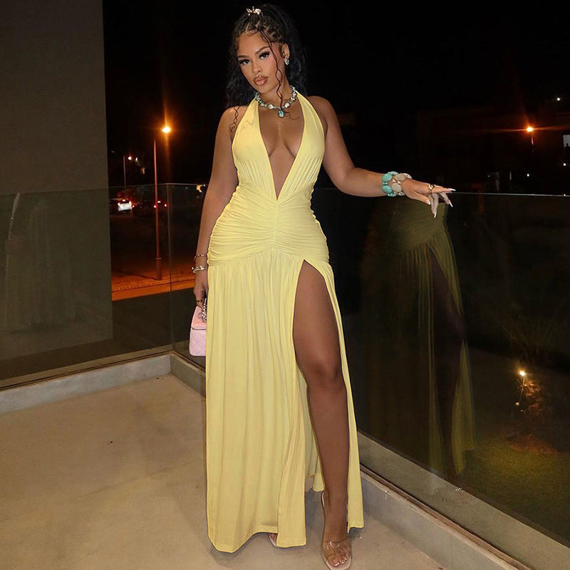 Women's Long Dress – Elegant Fit – Halter V-Neck – Ruched Waist – High Slit