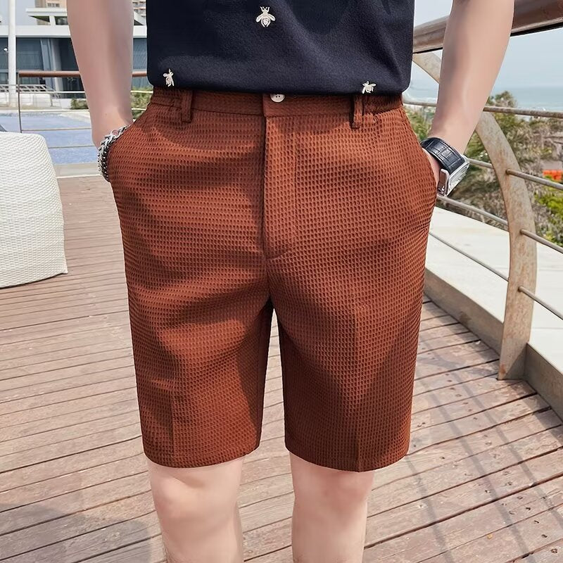 Men's Shorts – Slim Fit – Textured Woven – Button Closure – Knee Length – Pockets