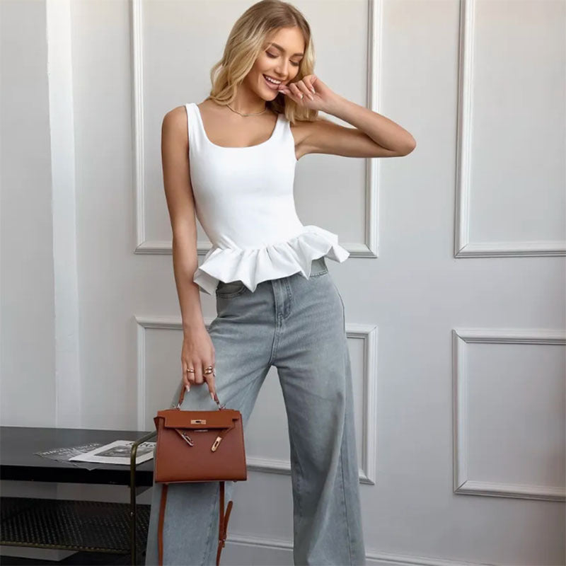 Ladies Top without Sleeves – Slim Fit – Square Neck – Peplum Hem – Breathable Fabric