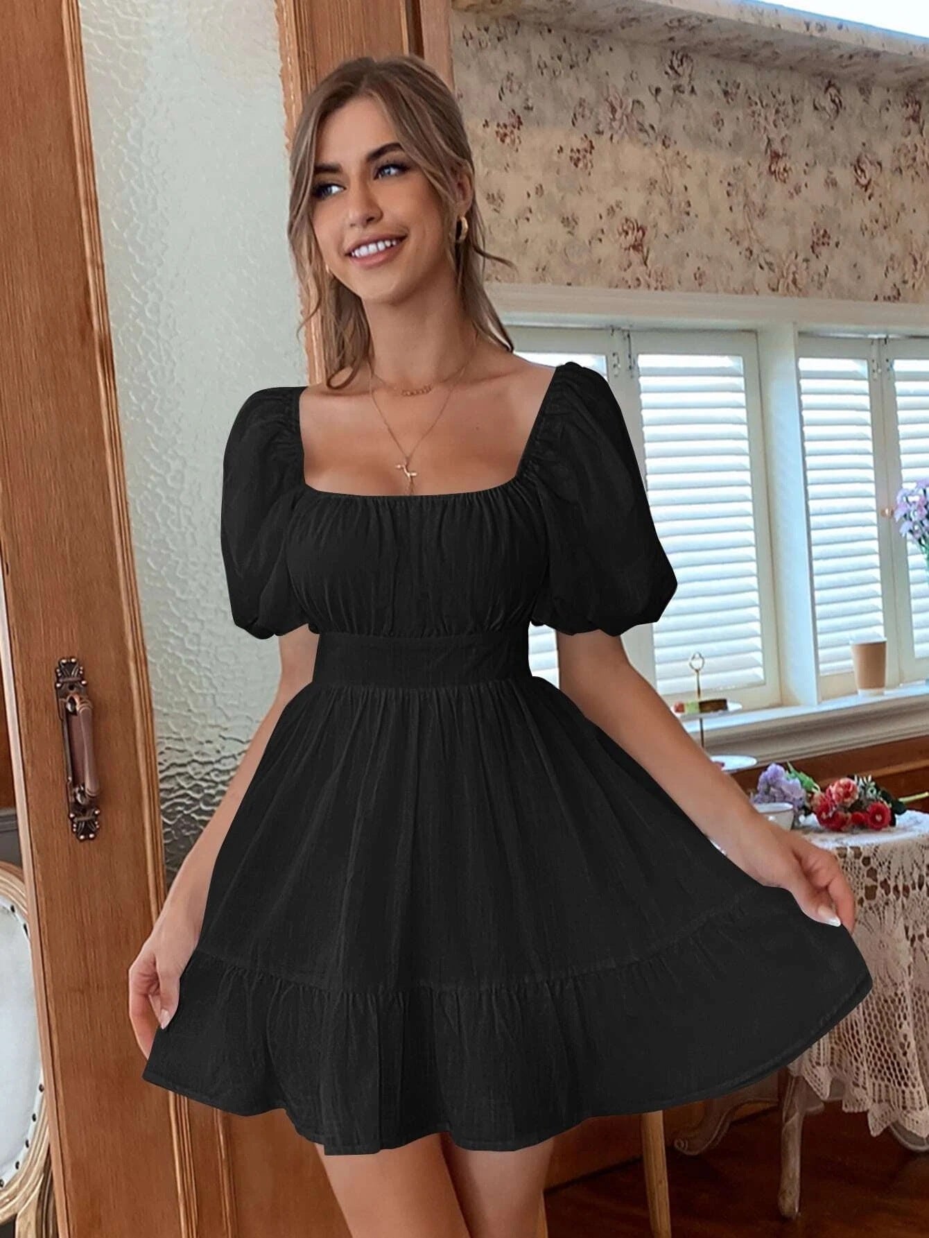 Ladies Mini Dress – Breathable Fabric – Square Neck – Puff Sleeve – Cut In Waist