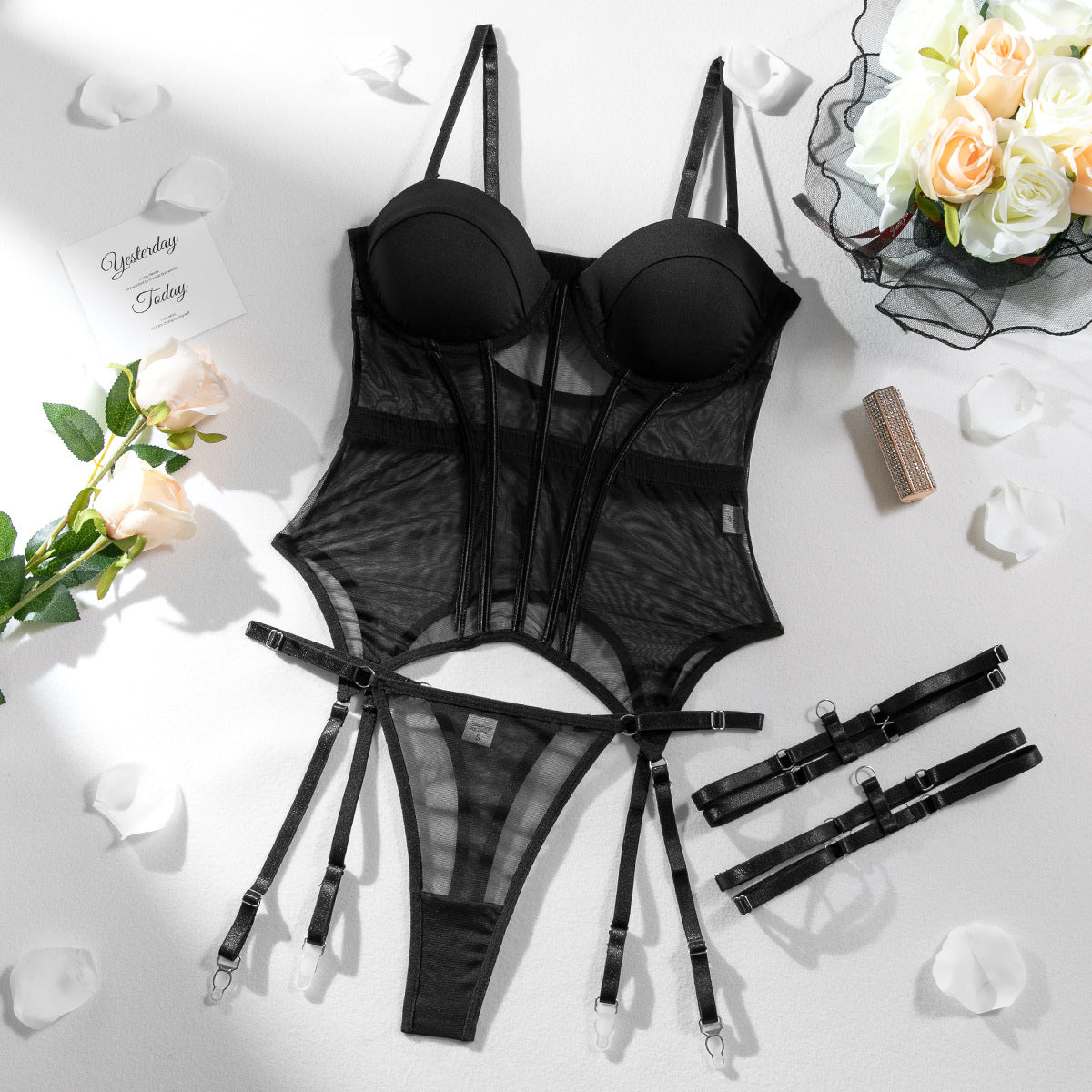 Ladies Lingerie Set – Sheer Bodysuit with Underwire Cups – Adjustable Straps – Garters