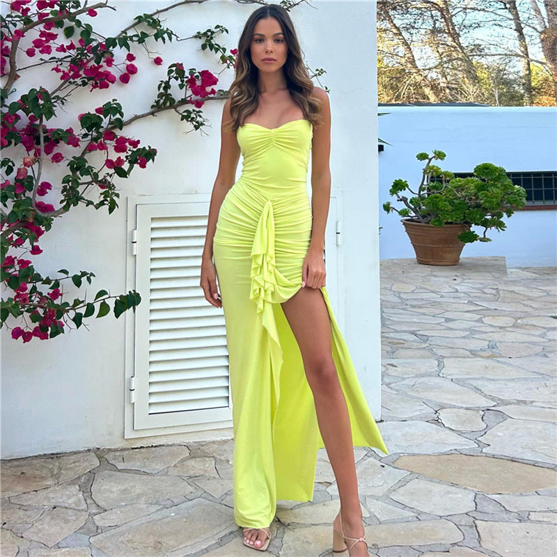 Ladies Evening Dress – Slim Fit – Halter Neck – Luxury Fabric – Ruched – Split Maxi Model
