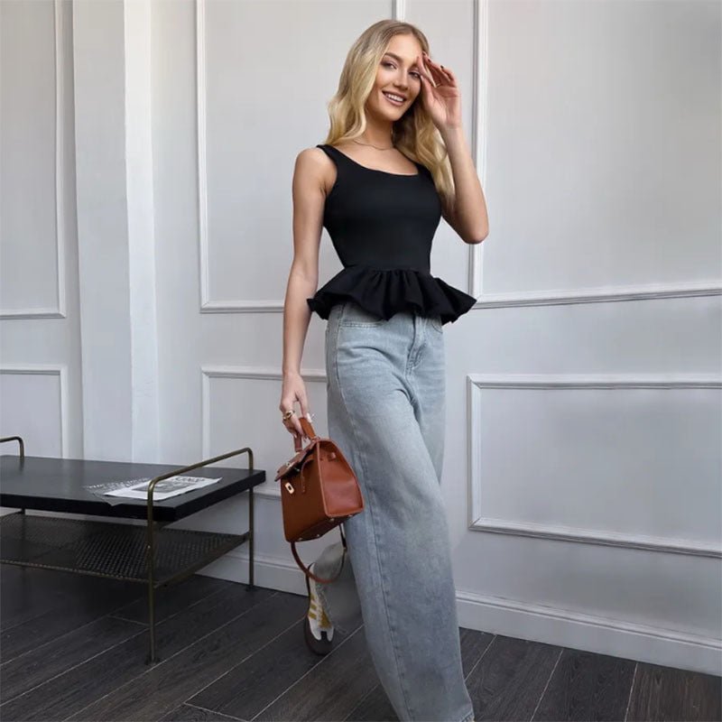 Ladies Top without Sleeves – Slim Fit – Square Neck – Peplum Hem – Breathable Fabric