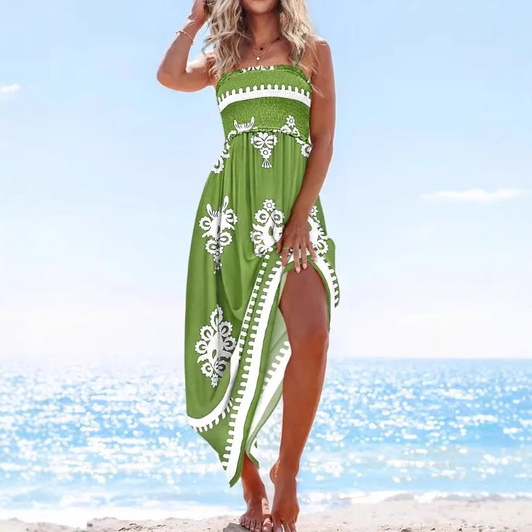 Women's Midi Dress – Strapless – Smock Top – Flowy Skirt with Split – Print Pattern