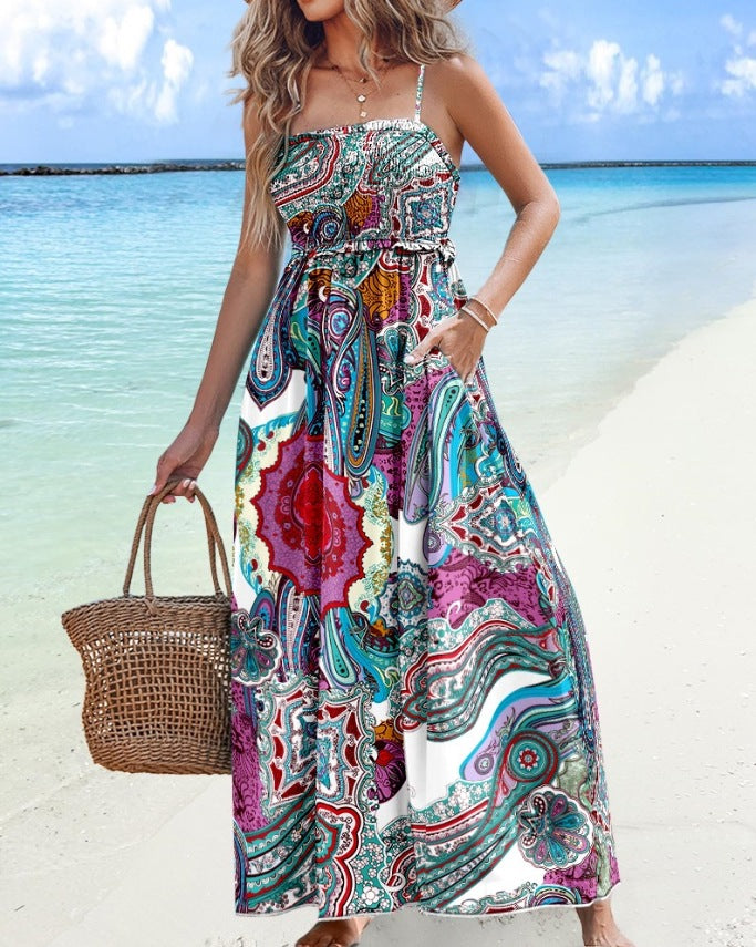 Women's Midi Dress – Strapless – Smock Top – Flowy Skirt with Split – Print Pattern