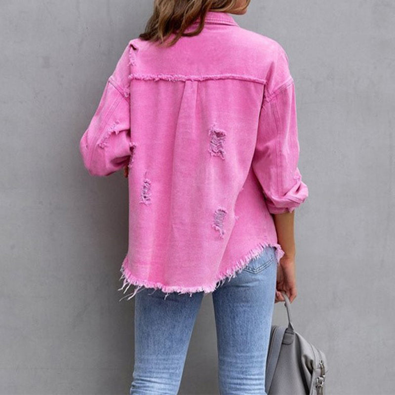 Women's Denim Jacket - Denim - Distressed Look - With Button Closure and Chest Pockets