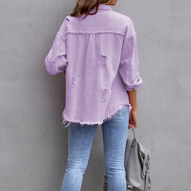 Women's Denim Jacket - Denim - Distressed Look - With Button Closure and Chest Pockets