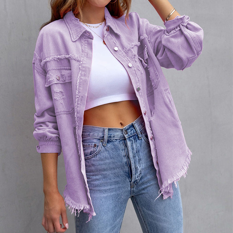 Women's Denim Jacket - Denim - Distressed Look - With Button Closure and Chest Pockets