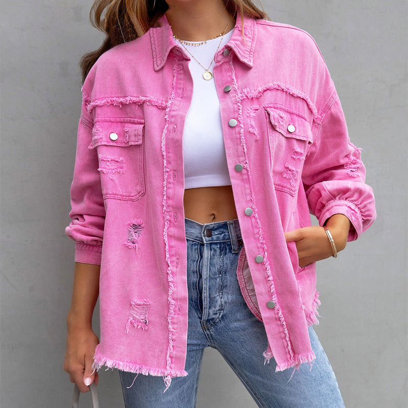 Women's Denim Jacket - Denim - Distressed Look - With Button Closure and Chest Pockets