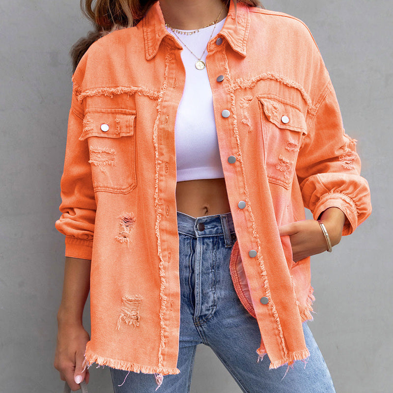 Women's Denim Jacket - Denim - Distressed Look - With Button Closure and Chest Pockets