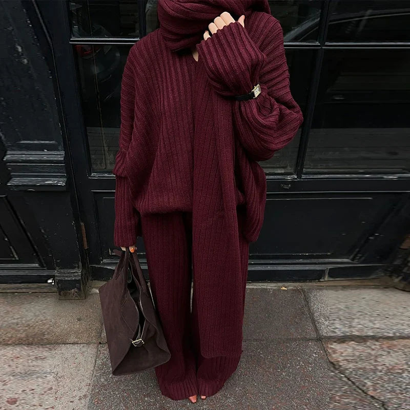 Women's Knit Set – Oversized Sweater & Wide Pants – Ribbed Texture – With Scarf