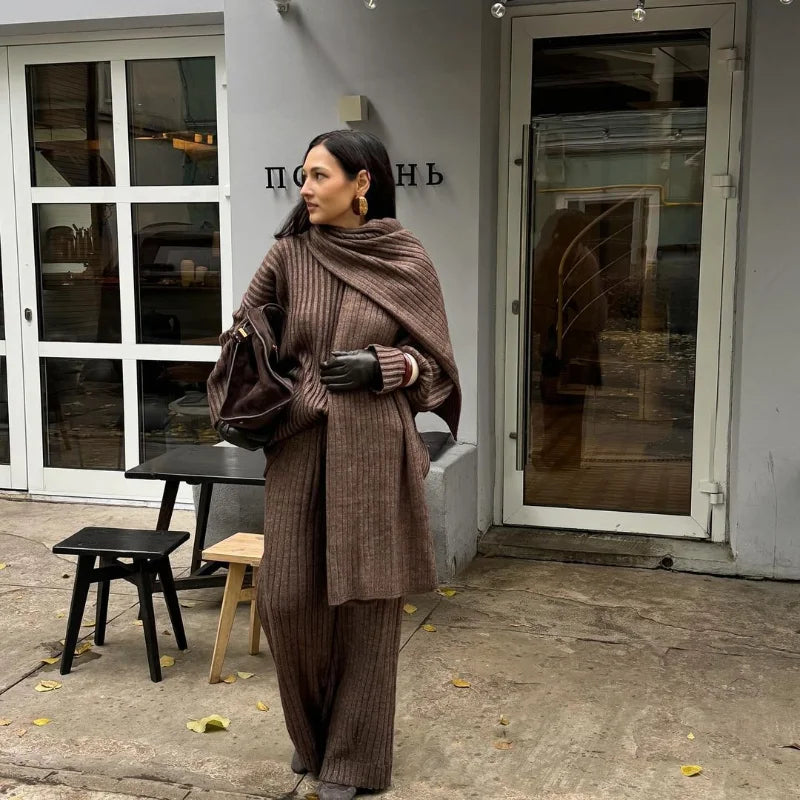 Women's Knit Set – Oversized Sweater & Wide Pants – Ribbed Texture – With Scarf
