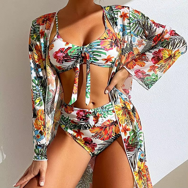 Ladies Bikini Set – Bralette Top with Bow – High Waist Brief – Includes Airy Cover-Up