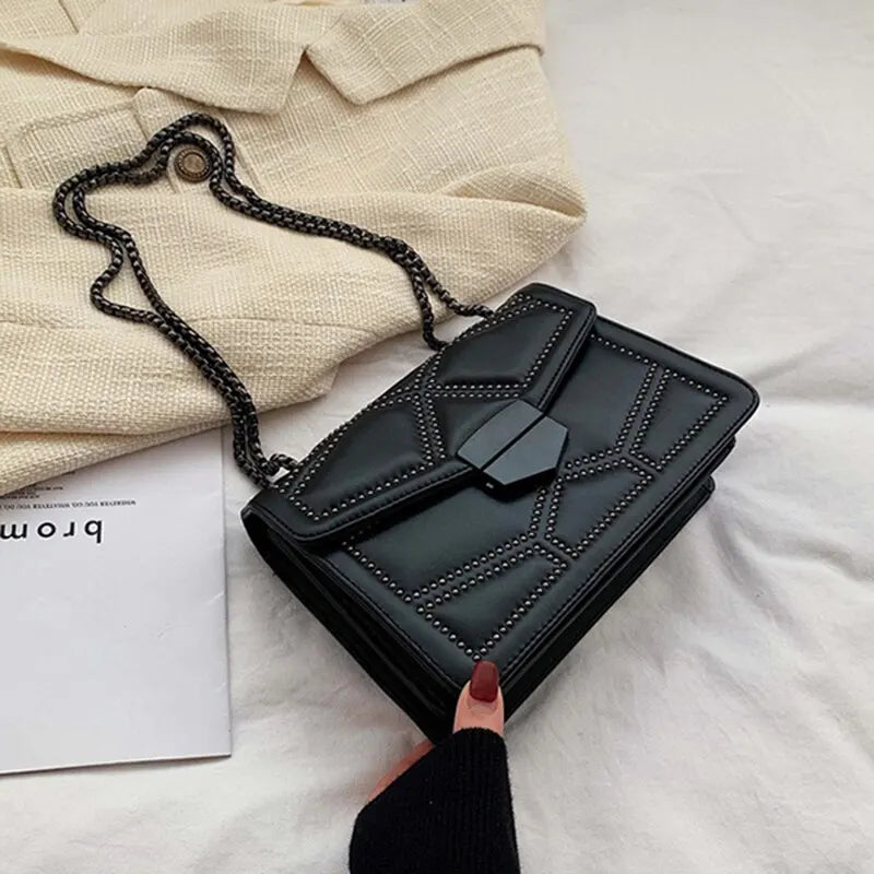 Ladies Shoulder Bag – Structured Design – With Studs – Flap Closure – Chain Strap