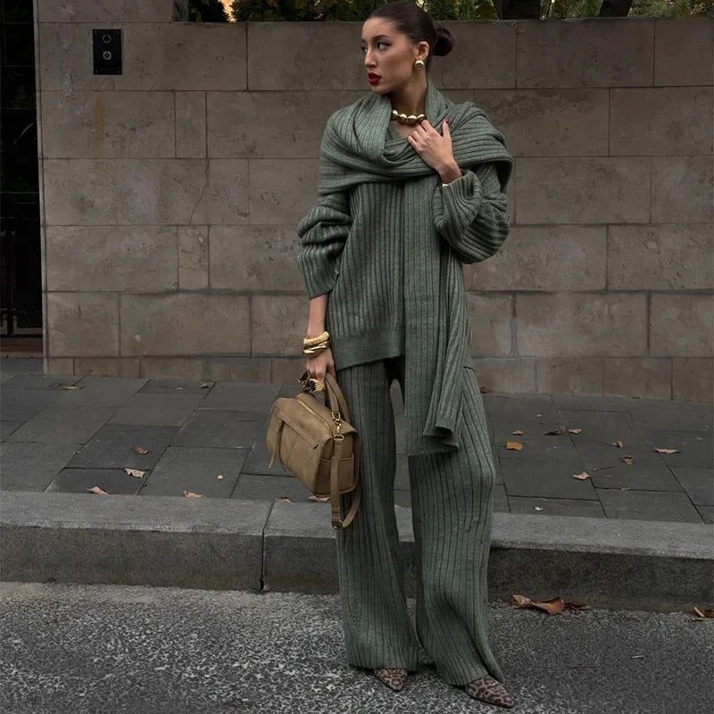 Women's Knit Set – Oversized Sweater & Wide Pants – Ribbed Texture – With Scarf
