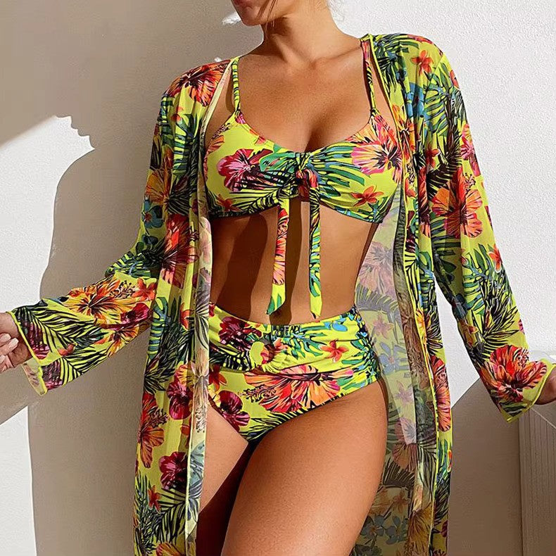 Ladies Bikini Set – Bralette Top with Bow – High Waist Brief – Includes Airy Cover-Up