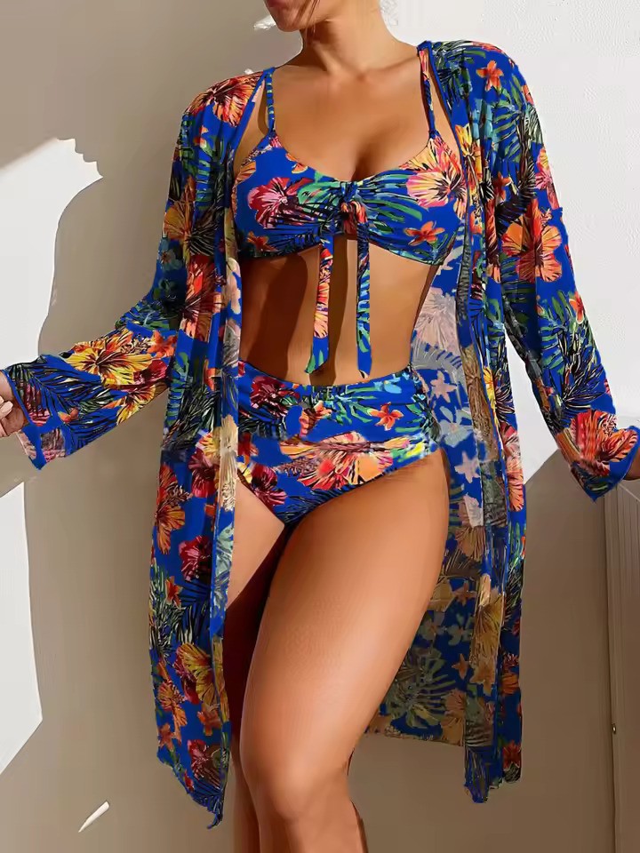 Ladies Bikini Set – Bralette Top with Bow – High Waist Brief – Includes Airy Cover-Up
