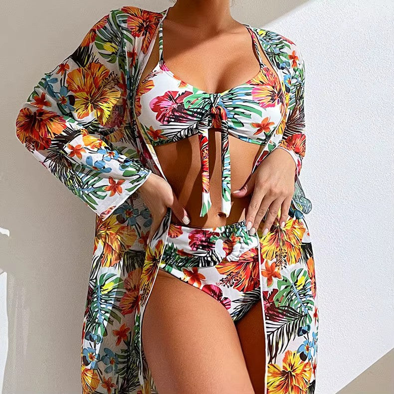 Ladies Bikini Set – Bralette Top with Bow – High Waist Brief – Includes Airy Cover-Up