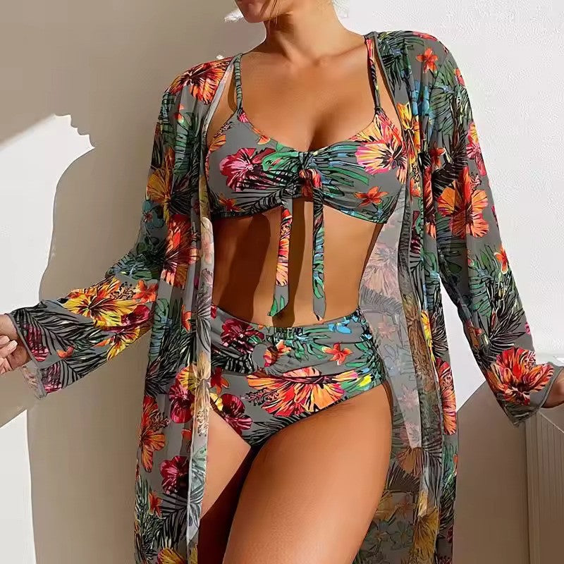 Ladies Bikini Set – Bralette Top with Bow – High Waist Brief – Includes Airy Cover-Up