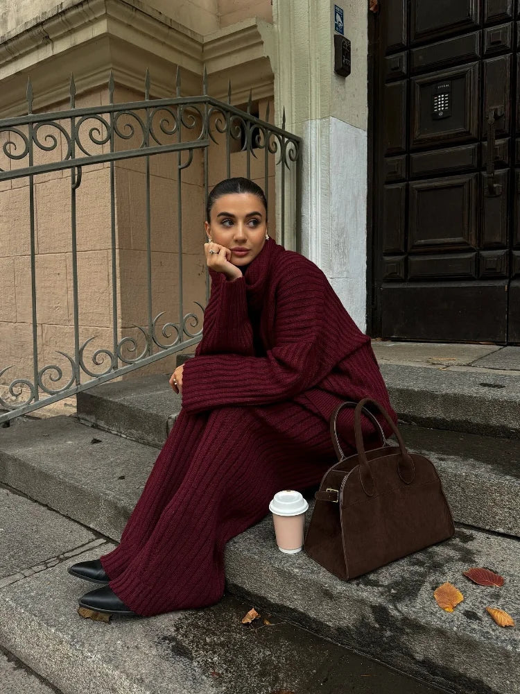 Women's Knit Set – Oversized Sweater & Wide Pants – Ribbed Texture – With Scarf