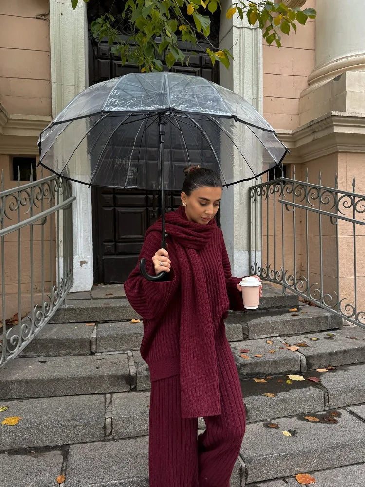 Women's Knit Set – Oversized Sweater & Wide Pants – Ribbed Texture – With Scarf
