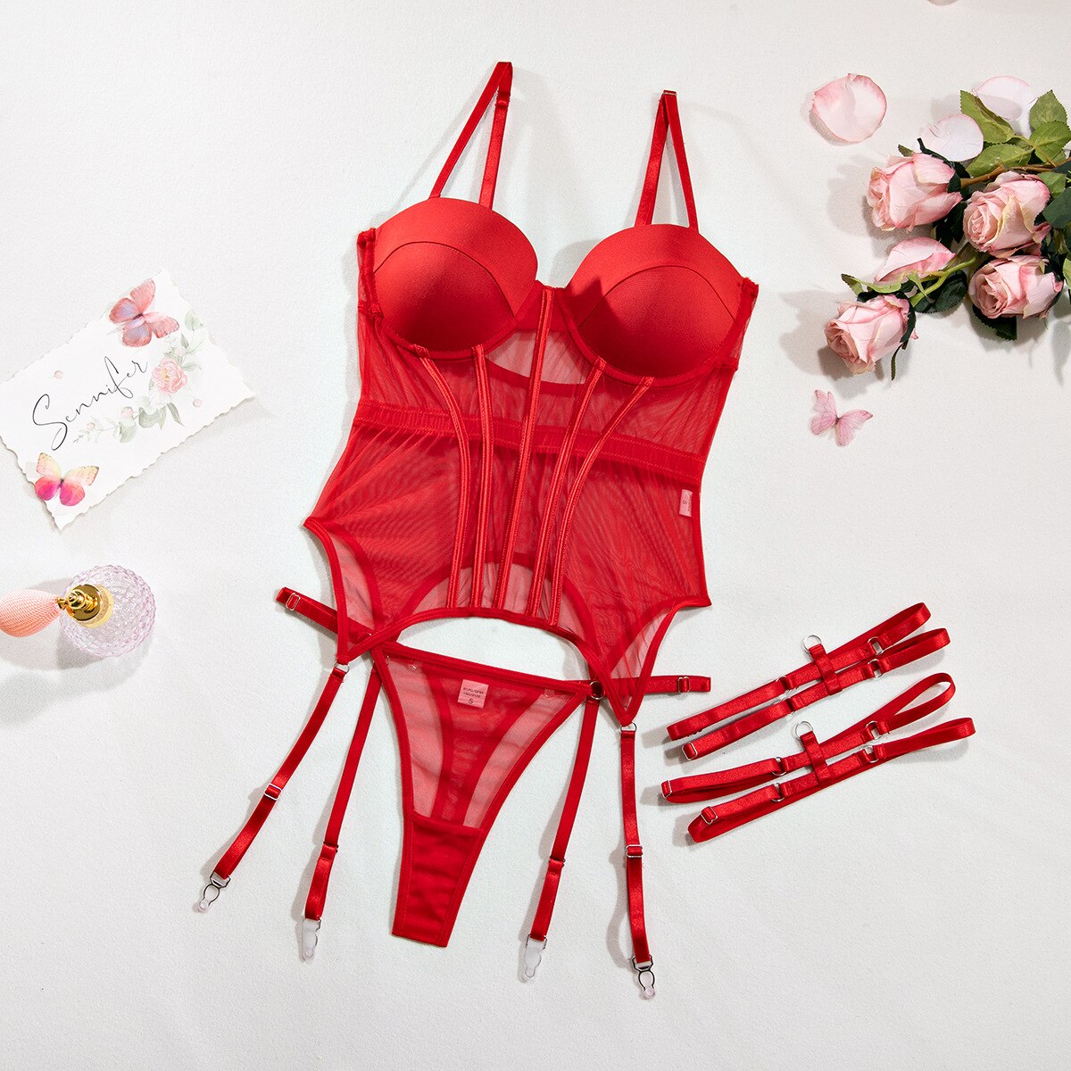 Ladies Lingerie Set – Sheer Bodysuit with Underwire Cups – Adjustable Straps – Garters