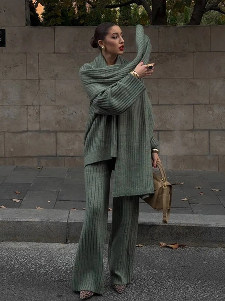 Women's Knit Set – Oversized Sweater & Wide Pants – Ribbed Texture – With Scarf