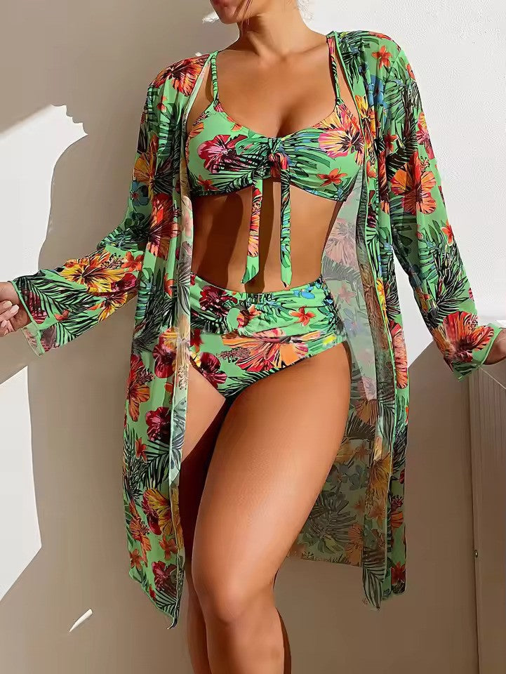 Ladies Bikini Set – Bralette Top with Bow – High Waist Brief – Includes Airy Cover-Up