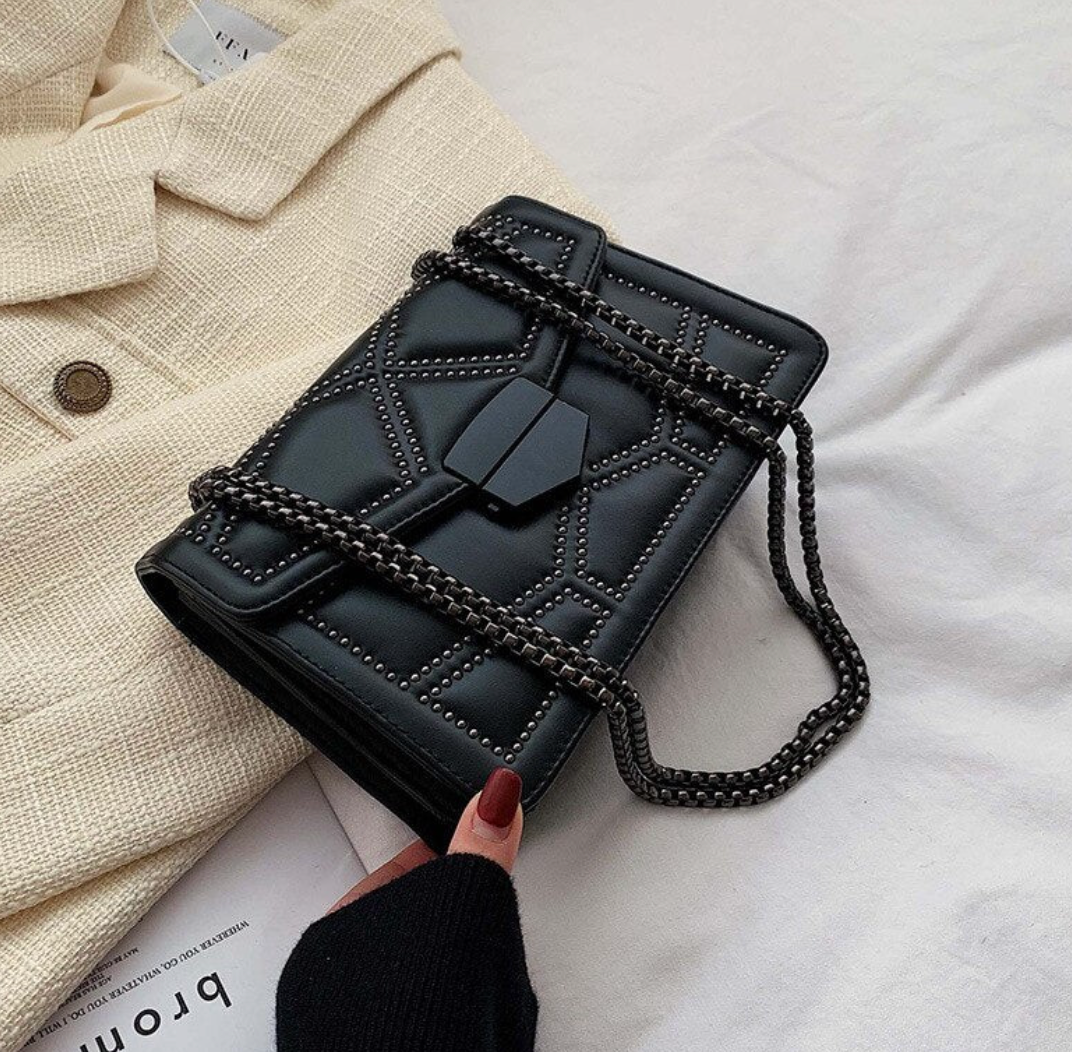 Ladies Shoulder Bag – Structured Design – With Studs – Flap Closure – Chain Strap
