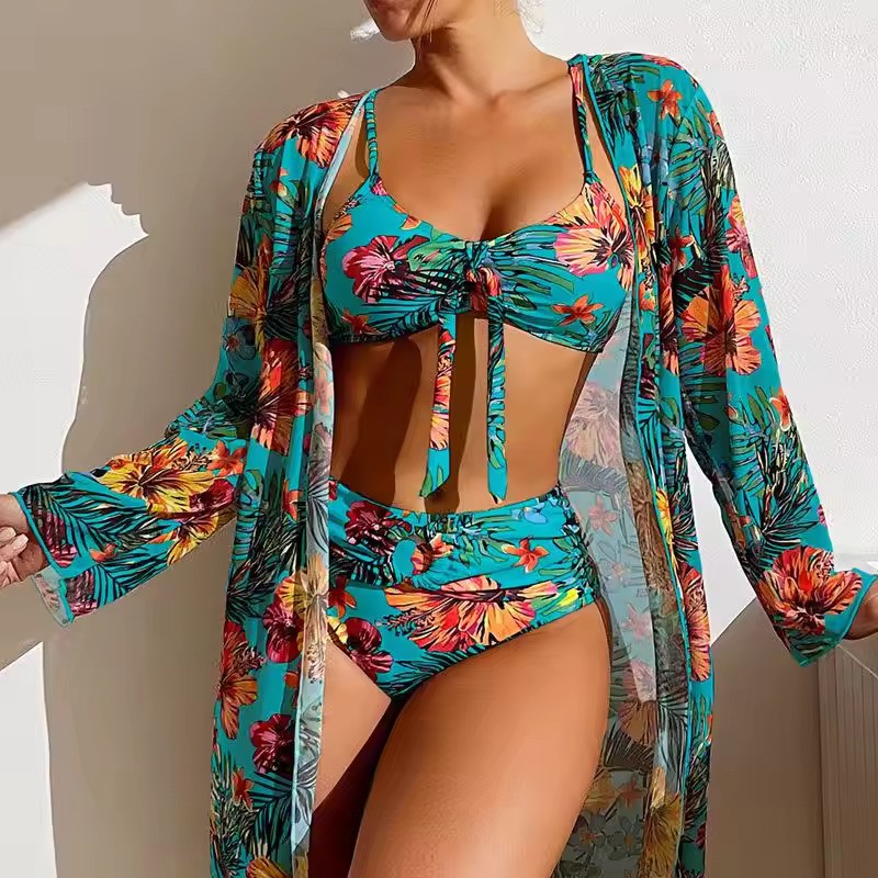 Ladies Bikini Set – Bralette Top with Bow – High Waist Brief – Includes Airy Cover-Up