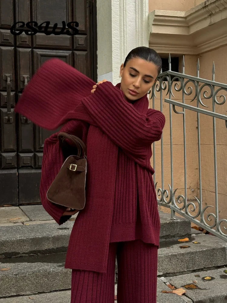 Women's Knit Set – Oversized Sweater & Wide Pants – Ribbed Texture – With Scarf