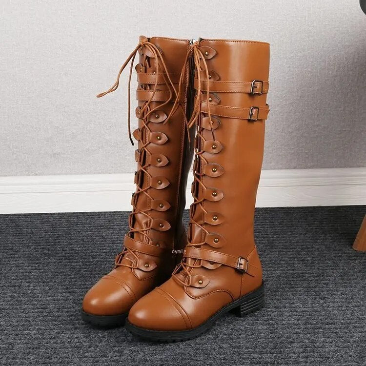 Women's High Lace-Up Boots – Structured Model – Buckles – Leather-Look