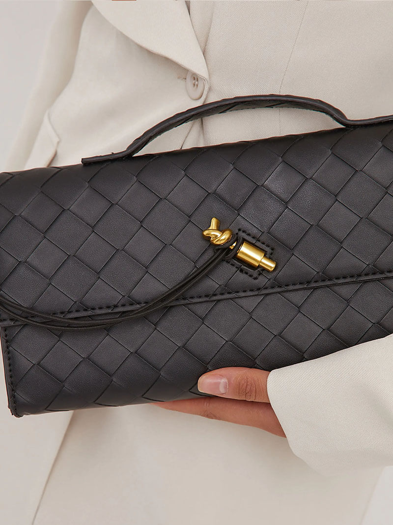 Ladies Clutch Bag - Luxury Woven Design - Flap Closure - Stylish Handle