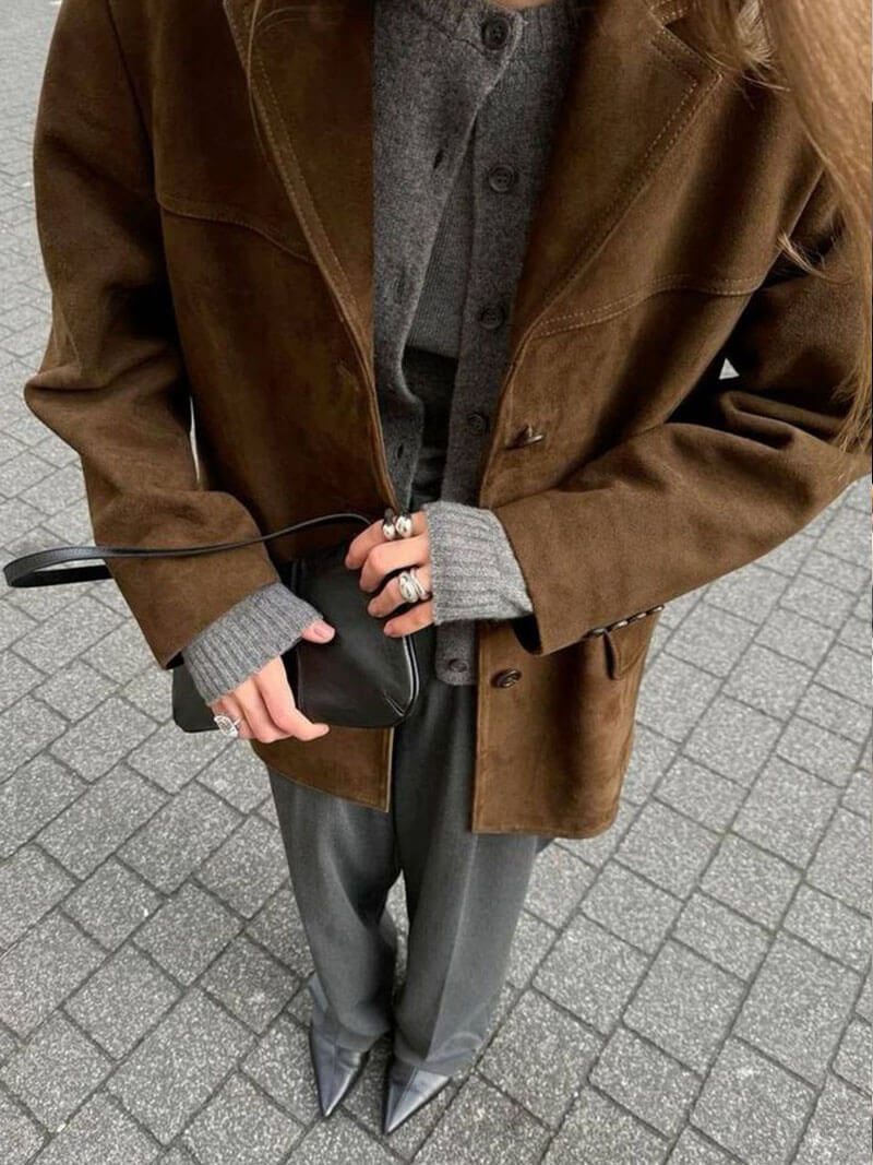 Retro artistic brown coat for ladies - casual with lapel collar