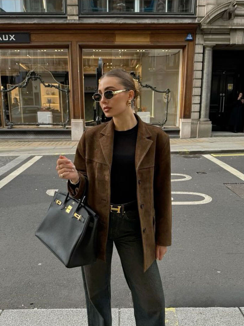 Retro artistic brown coat for ladies - casual with lapel collar