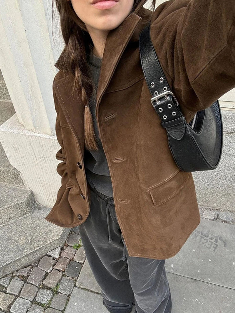 Retro artistic brown coat for ladies - casual with lapel collar