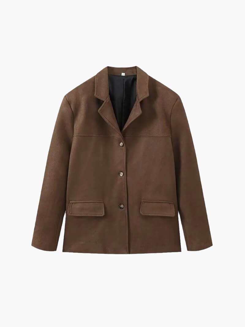 Retro artistic brown coat for ladies - casual with lapel collar