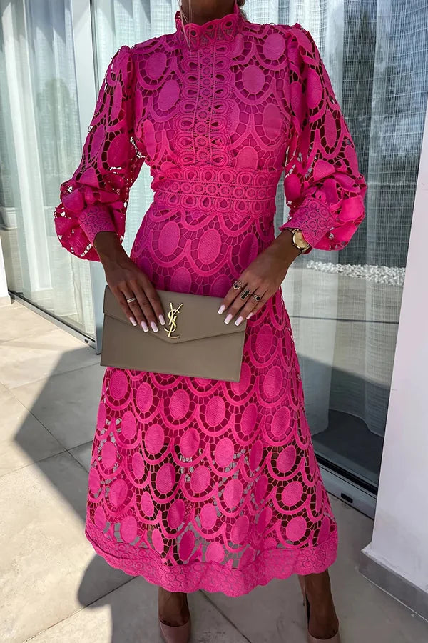 Ladies Midi Dress - Elegant Lace Details - High Neck - Long Puff Sleeves - Fitted Silhouette