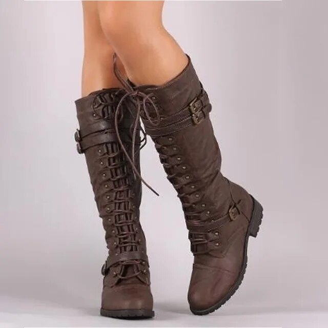 Women's High Lace-Up Boots – Structured Model – Buckles – Leather-Look