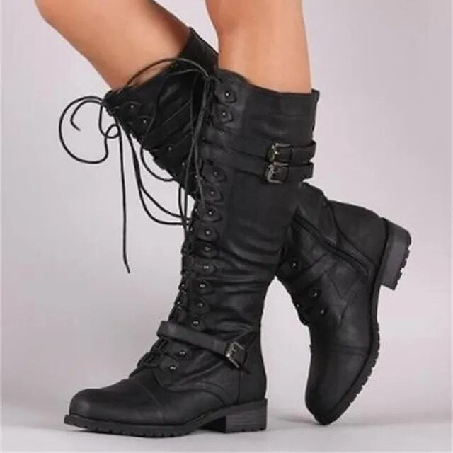 Women's High Lace-Up Boots – Structured Model – Buckles – Leather-Look