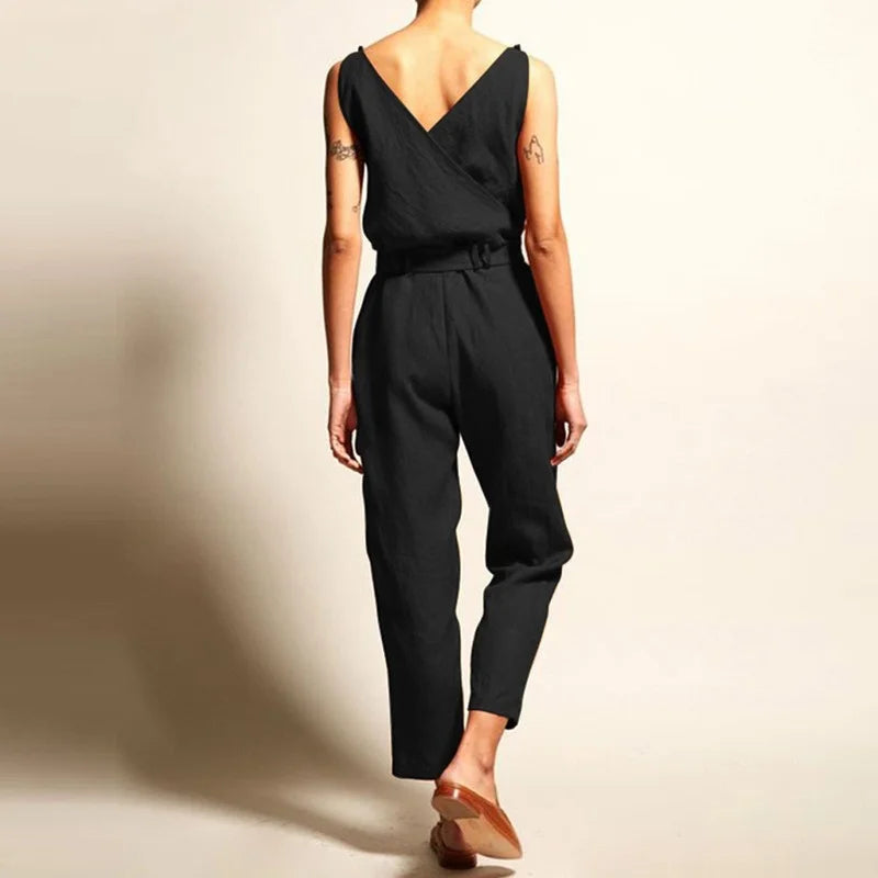 Women's Jumpsuit - Linen Cotton - Tailored Fit - Sleeveless with Wrap V-Neck