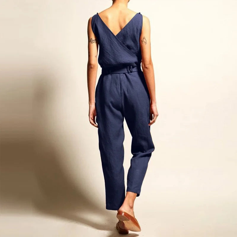 Women's Jumpsuit - Linen Cotton - Tailored Fit - Sleeveless with Wrap V-Neck