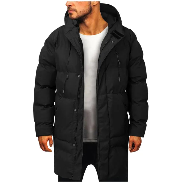 Men's Quilted Jacket – Water-Repellent – Adjustable Hood – Long Length – Casual Warmth