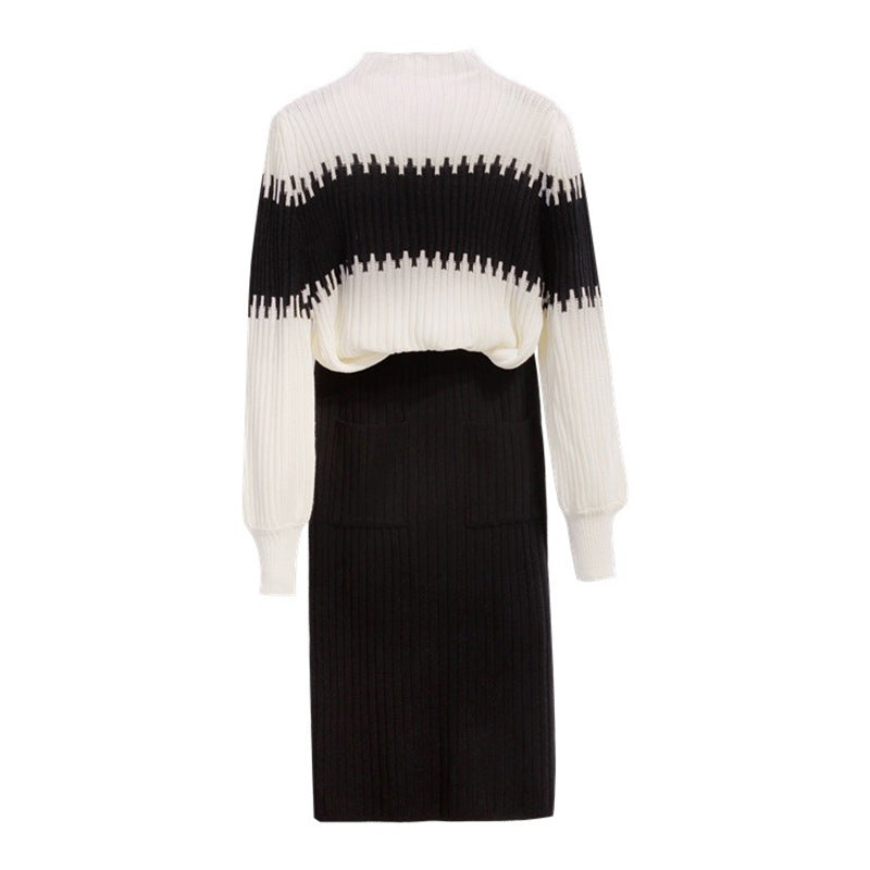 Women's Knitted Set – Pullover Sweater with Zigzag Pattern – Fitted Pencil Skirt – Comfort Fit
