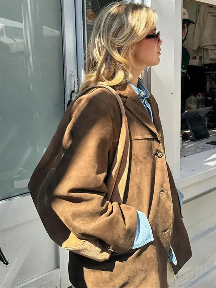 Retro artistic brown coat for ladies - casual with lapel collar