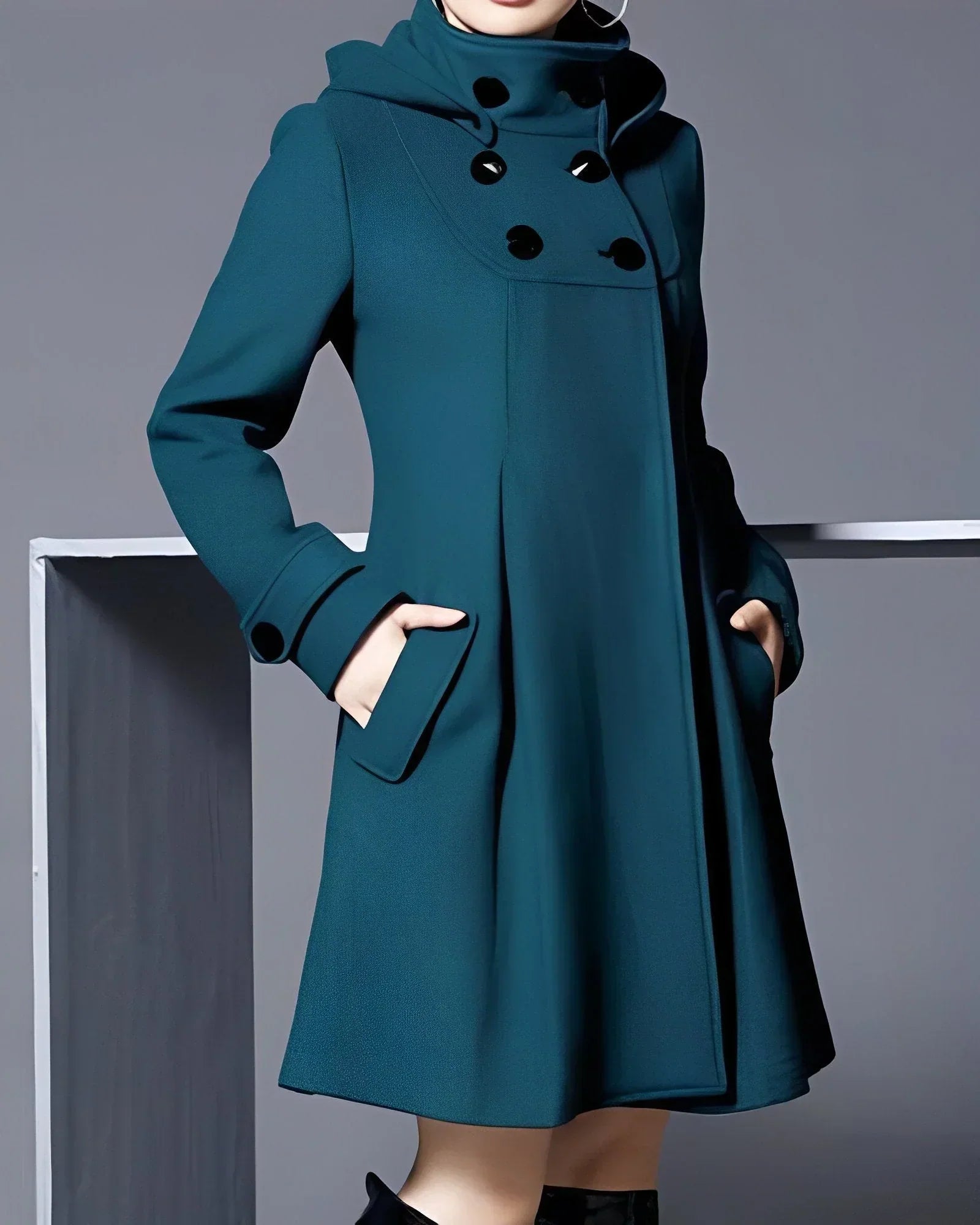 Ladies Coat - Wool - A-line - Double-breasted - High Collar - Knee-length - Elegant Fit