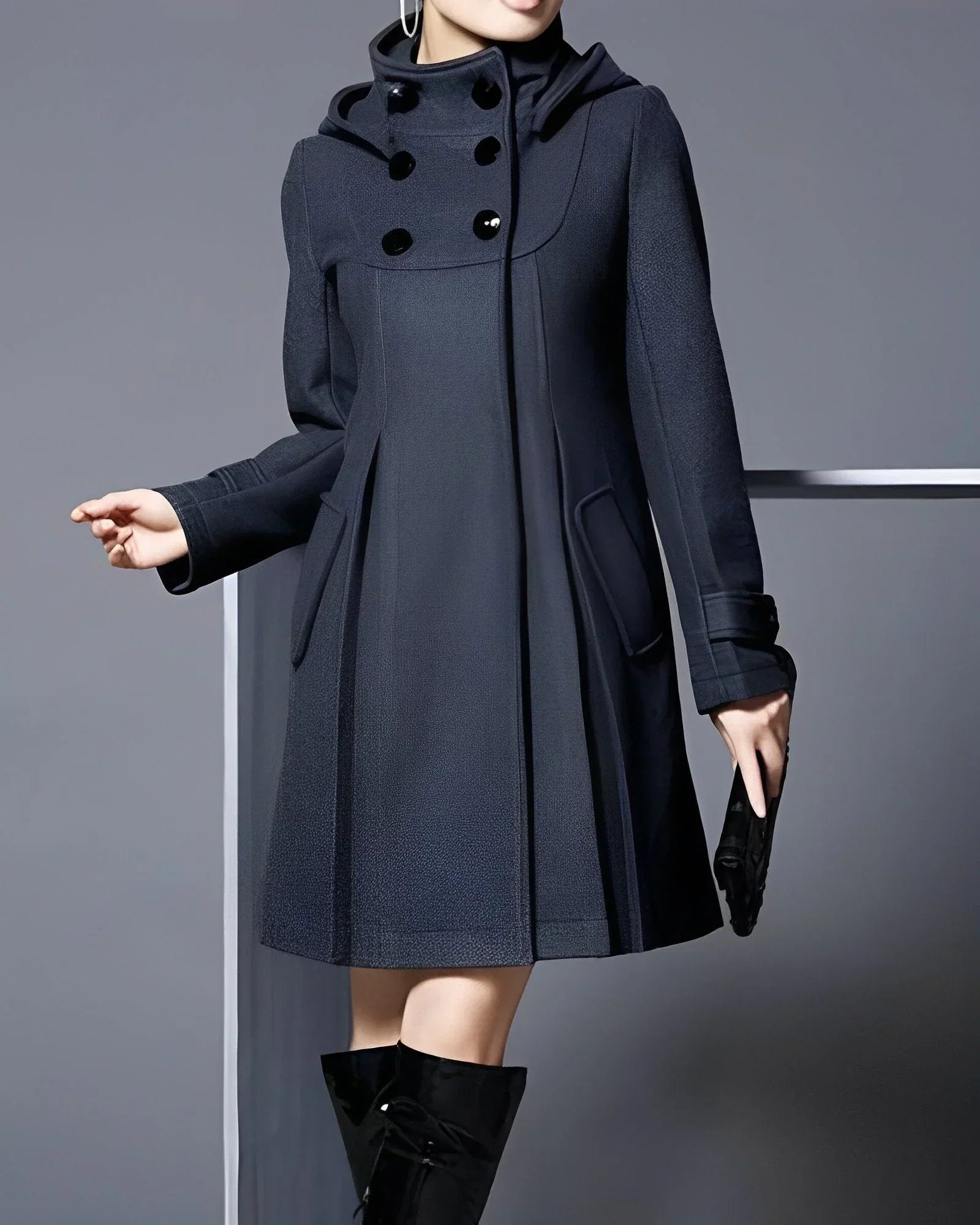 Ladies Coat - Wool - A-line - Double-breasted - High Collar - Knee-length - Elegant Fit