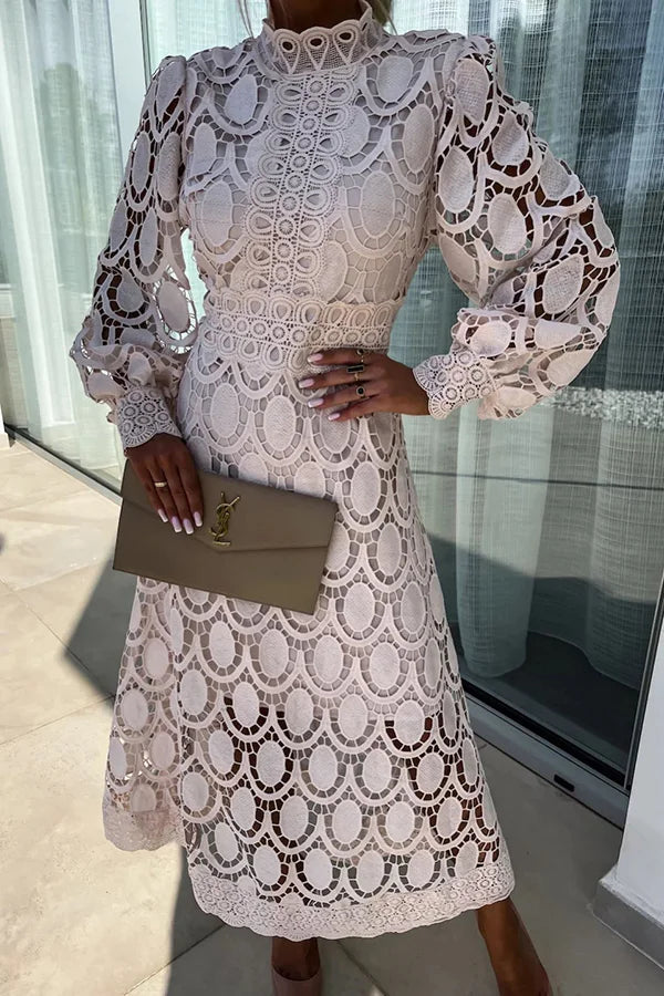 Ladies Midi Dress - Elegant Lace Details - High Neck - Long Puff Sleeves - Fitted Silhouette