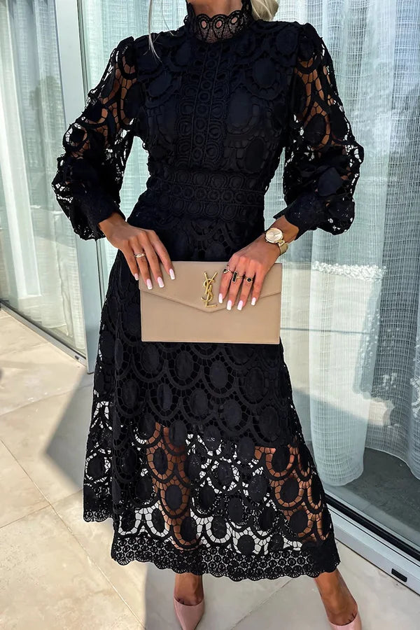 Ladies Midi Dress - Elegant Lace Details - High Neck - Long Puff Sleeves - Fitted Silhouette